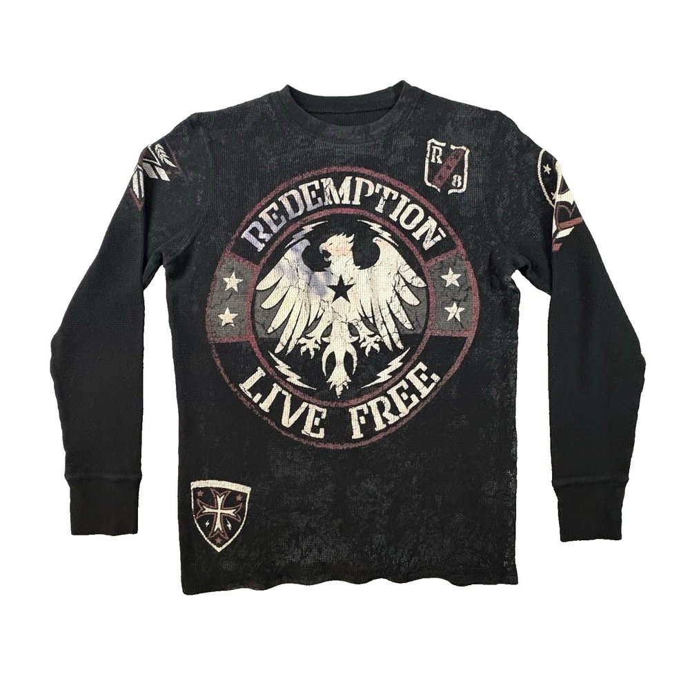 Raw State Boys S (Fits L/XL) Black Waffle Thermal Shirt Eagle Graphic Y2K Grunge